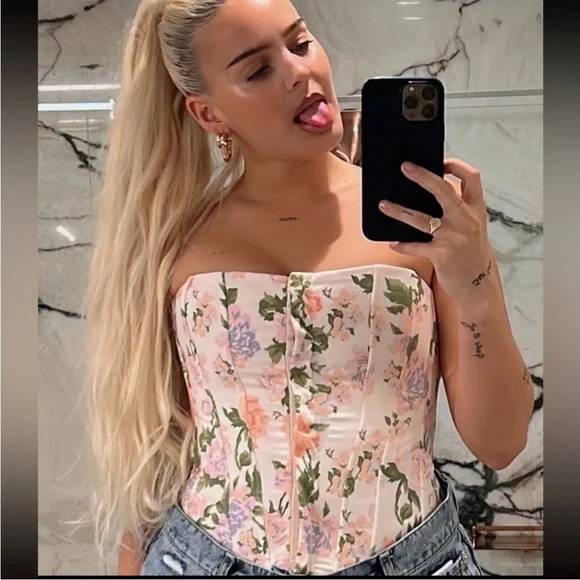 Zara Floral Corset Top XS Cream Pastel Blogger Favorite Bustier Coquette Style - Picture 9 of 10
